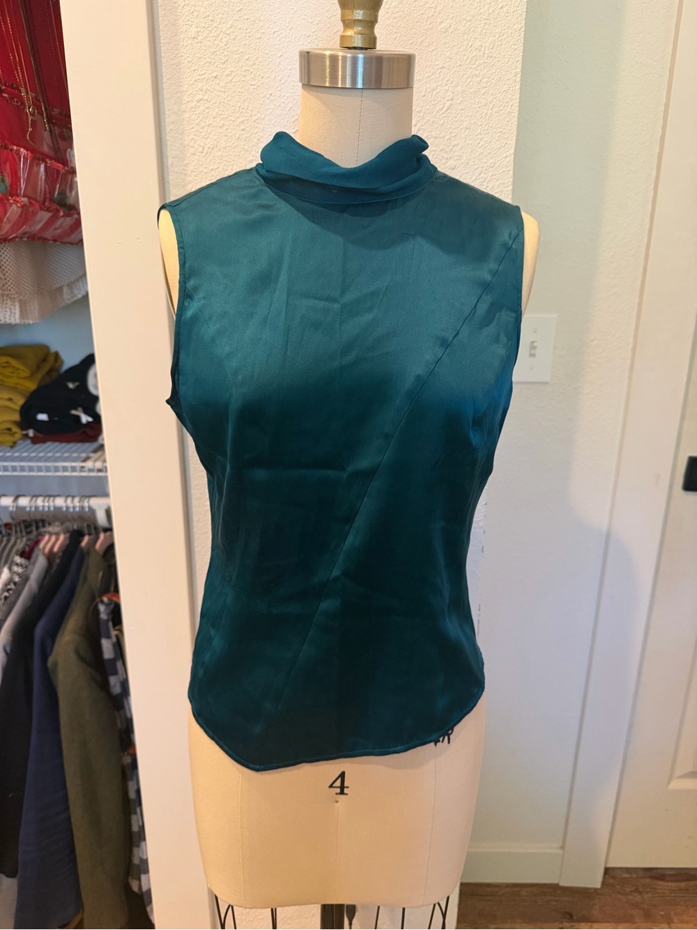 Sleeveless Teal Silk Mock-Neck Top